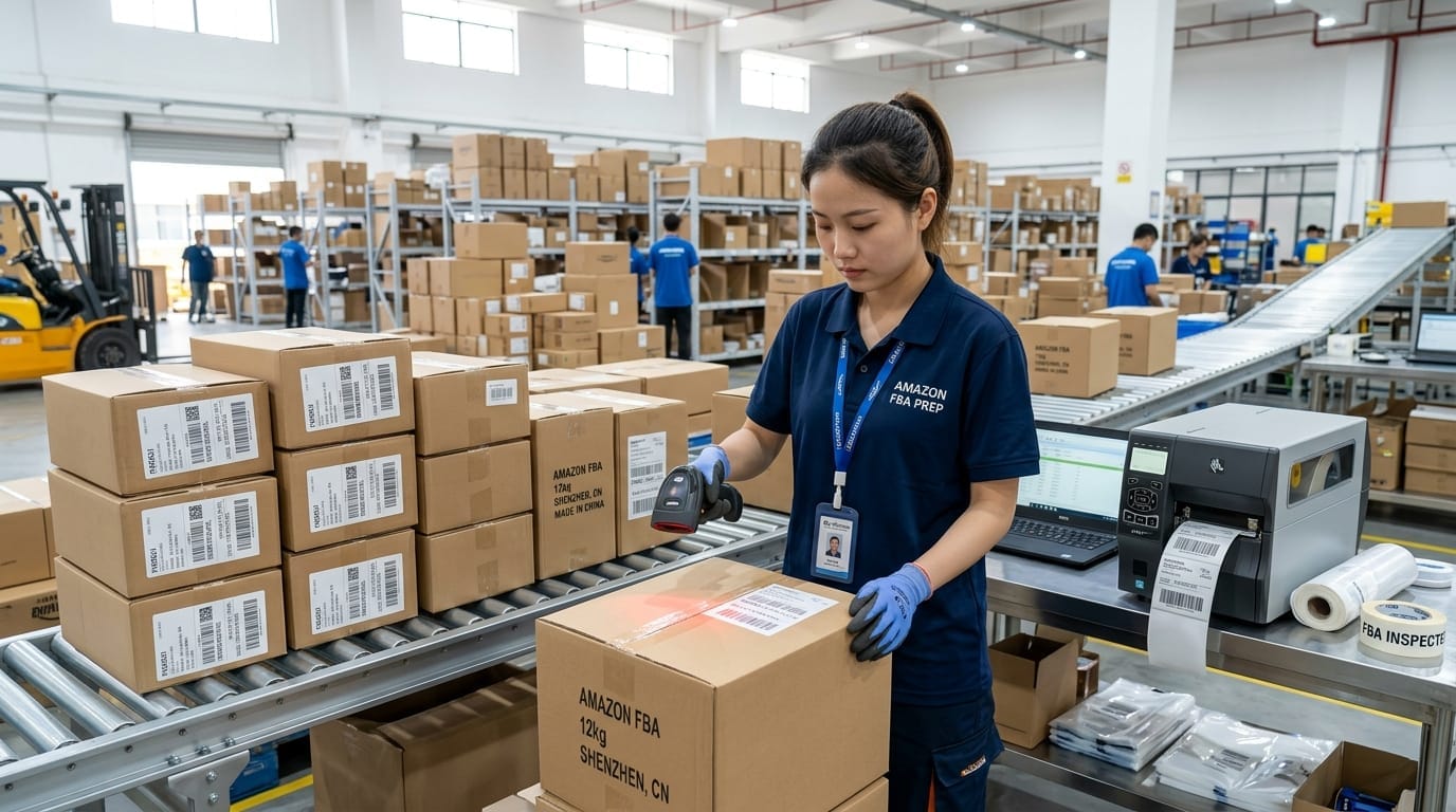 Amazon FBA prep specialist scanning FNSKU barcode labels inside modern fulfillment warehouse